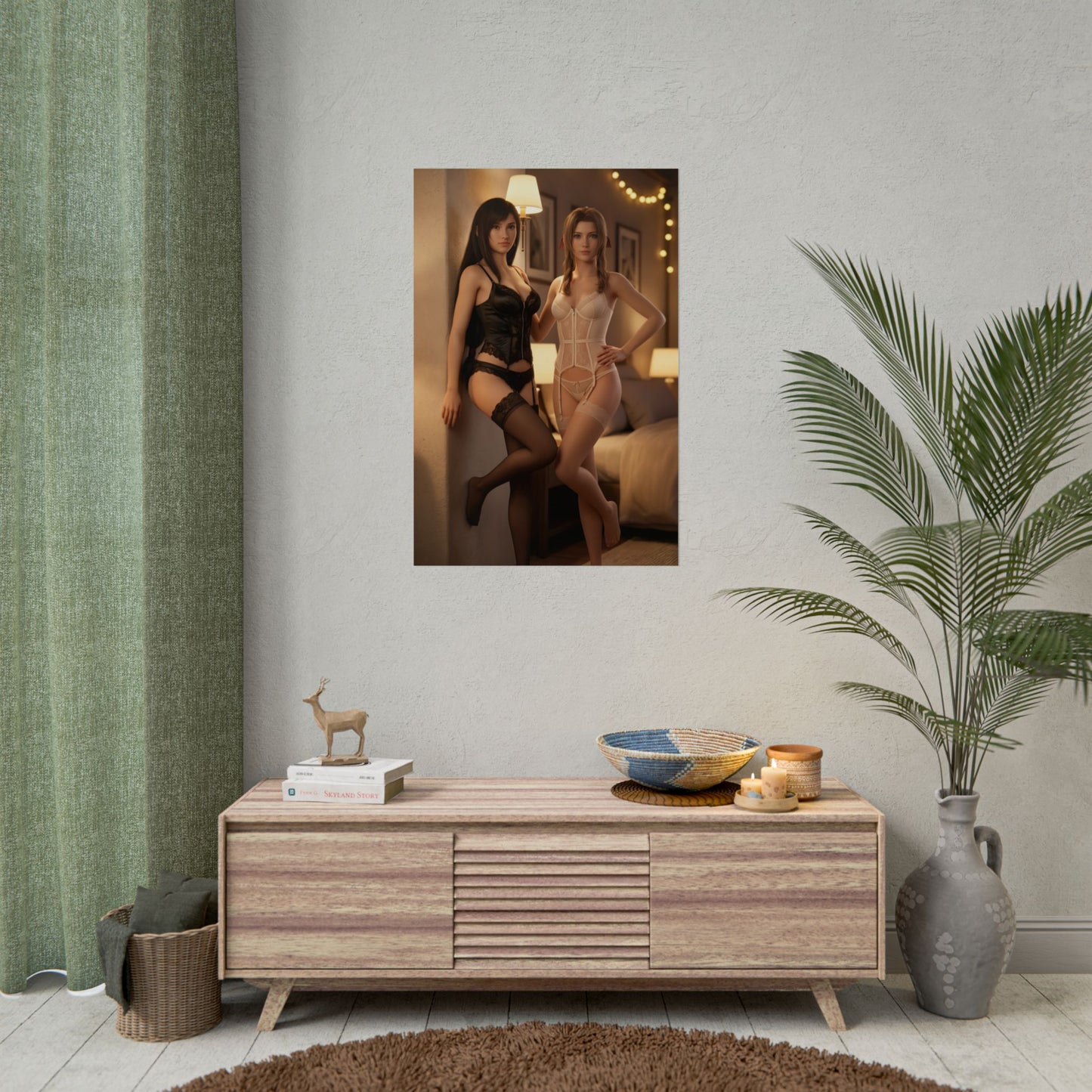 Tifa Aerith Poster, Final Fantasy Art Print – Iconic JRPG Duo Decor displayed on a modern living room wall above a wood console