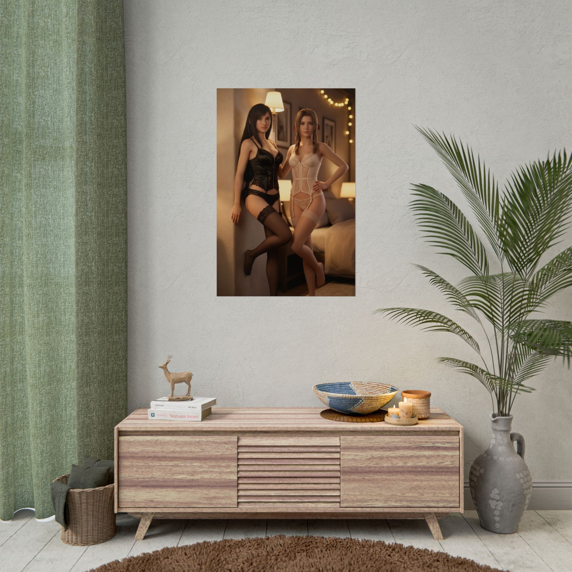 Tifa Aerith Poster, Final Fantasy Art Print – Iconic JRPG Duo Decor displayed on a modern living room wall above a wood console