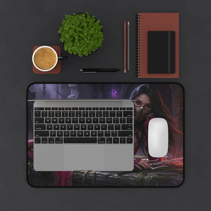 Mileena Gaming Mouse Pad, Mortal Kombat Desk Mat, Outworld Assassin Setup featuring fierce Mileena artwork under laptop and mouse
