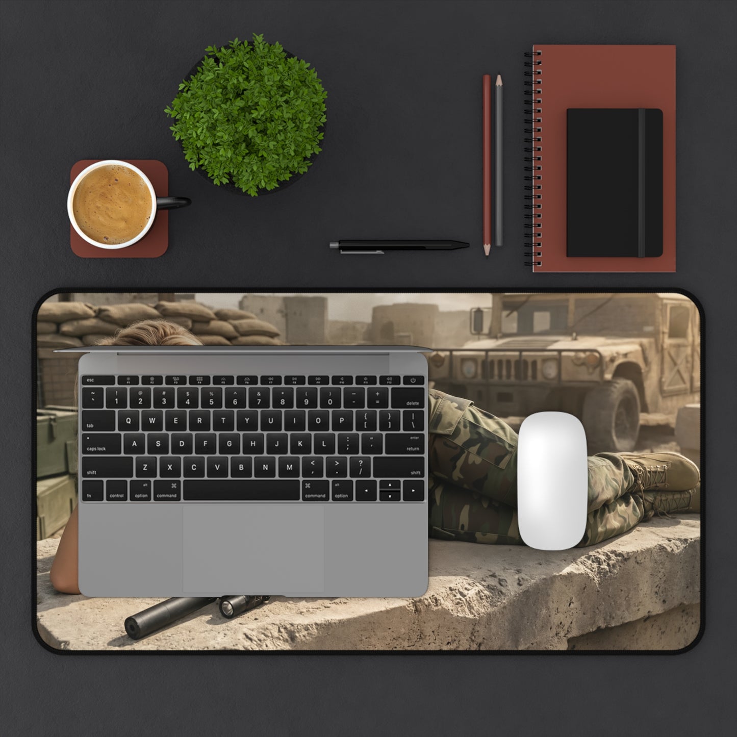 Sonya Blade Gaming Mouse Pad, Mortal Kombat Desk Mat, Special Forces Fighter Setup showing military combat desk mat with laptop and mouse