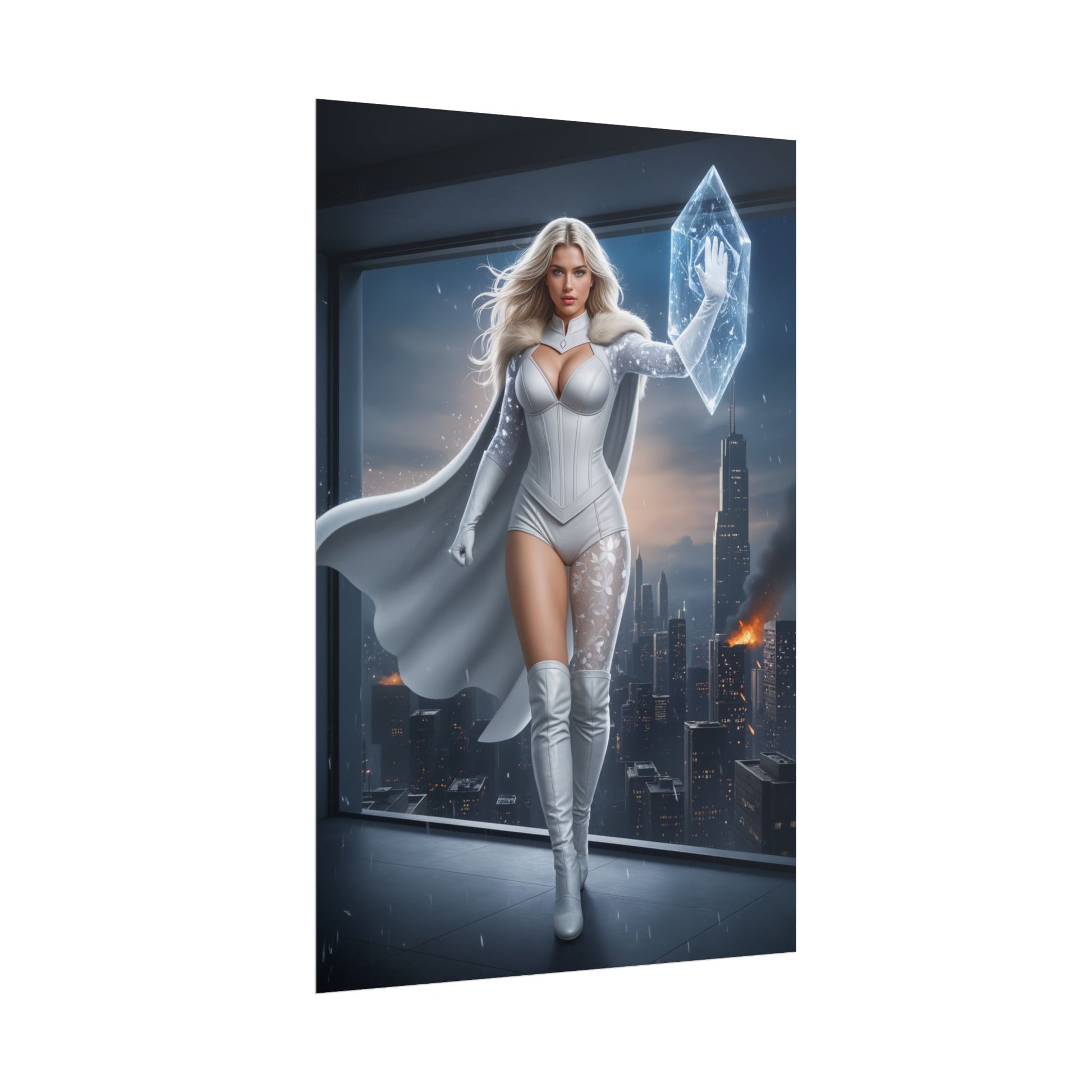 Emma Frost Poster, Marvel X-Men Art Print, Iconic Telepath Hero Wall Decor — striking Emma Frost in white costume with psychic crystal shield over city backdrop