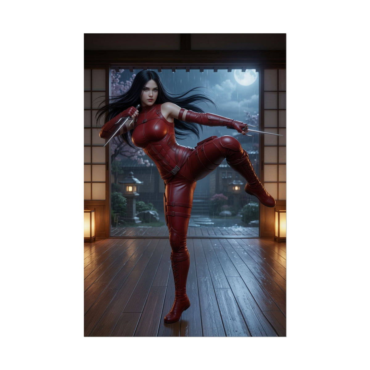 Elektra Poster, Marvel Art Print  Dark Superhero Wall Decor featuring Elektra in red suit poised with sais in a moonlit Japanese-style room