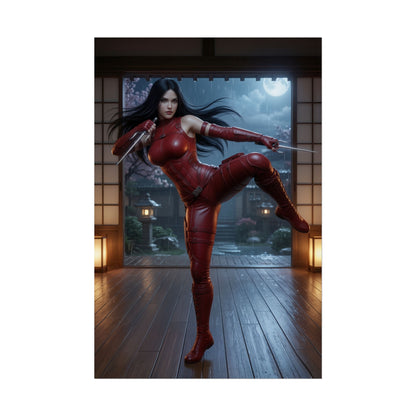 Elektra Poster, Marvel Art Print – Dark Superhero Wall Decor featuring Elektra in red suit poised with sais in a moonlit Japanese-style room