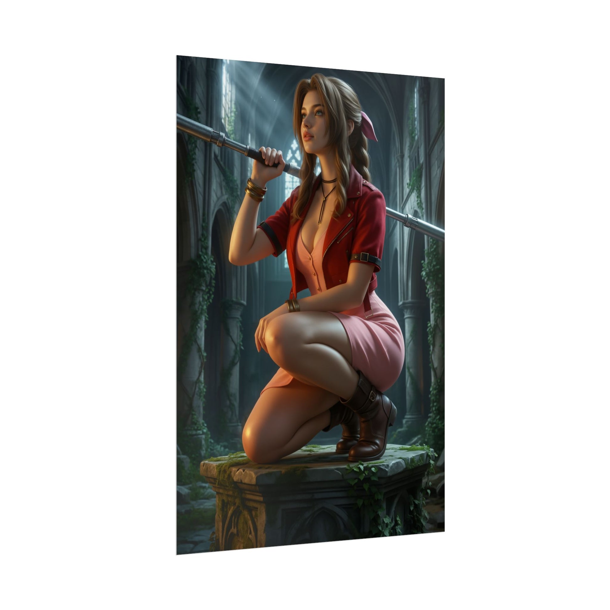 Aerith Gainsborough Poster, Final Fantasy VII Art Print, Iconic RPG Hero - graceful heroine kneeling with staff in fantasy ruin art print