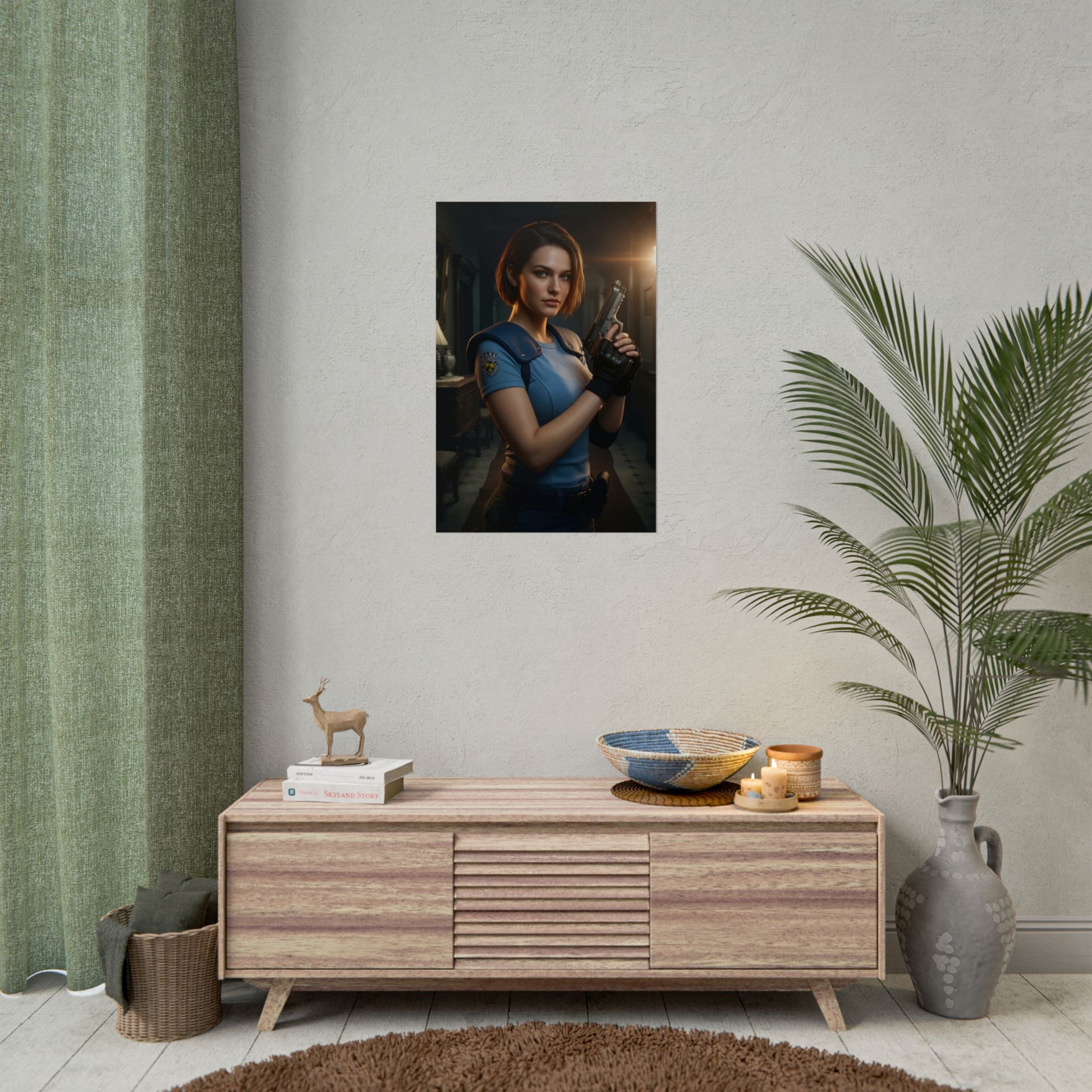 Jill Valentine Poster, Resident Evil Art Print – Iconic Survival Heroine wall art showing Jill in blue SHIELD-style outfit holding a gun, ideal for gamer rooms