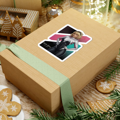 Spider-Gwen Sticker – Superhero Vinyl Sticker for Laptops & Indoor Decor on gift-wrapped box showing glossy vinyl, vibrant colors, and smooth bubble-free application