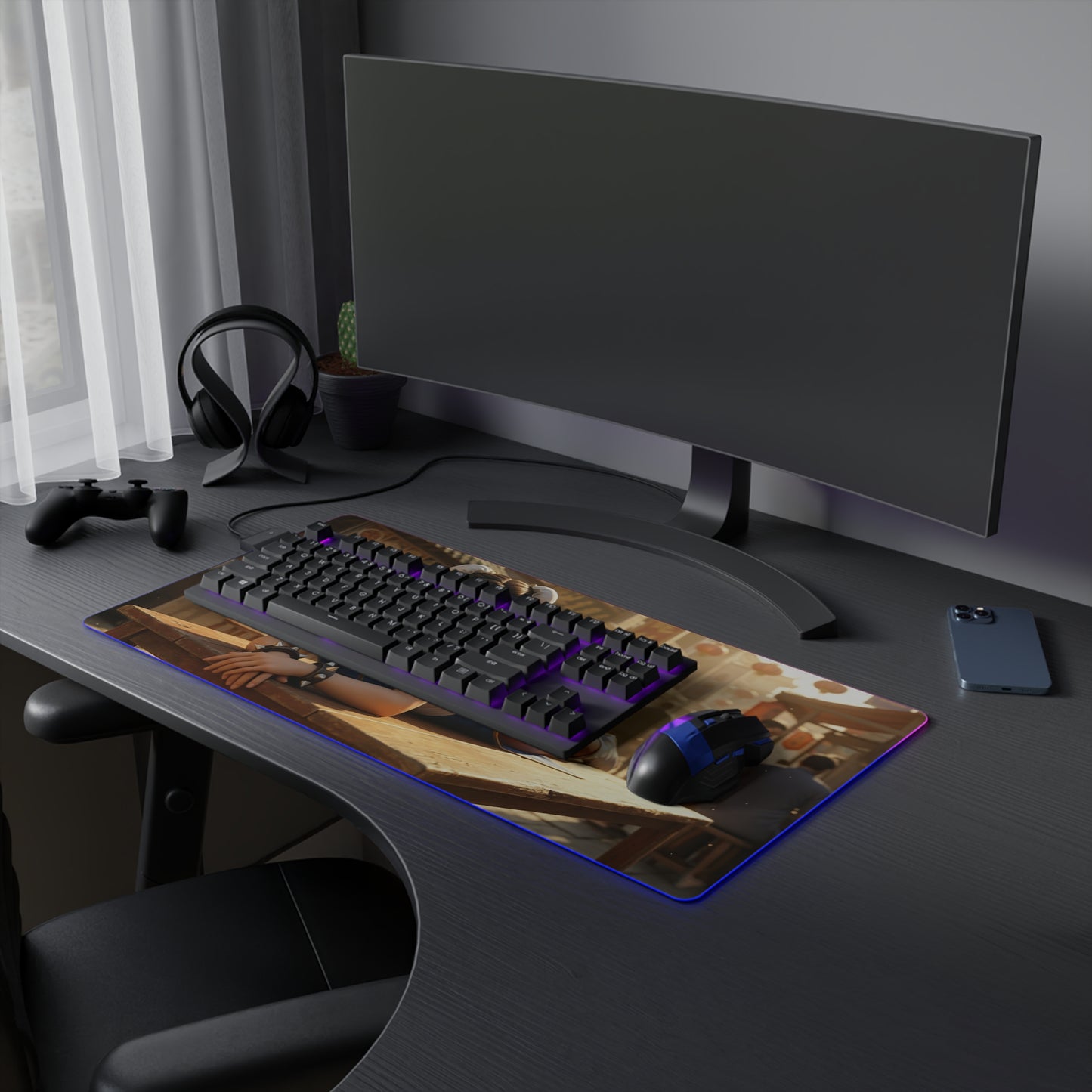 Chun-Li Desk Mat – LED RGB Pad, Waifu Fighter Anime Girl Setup on desk with keyboard, mouse and blue RGB edge