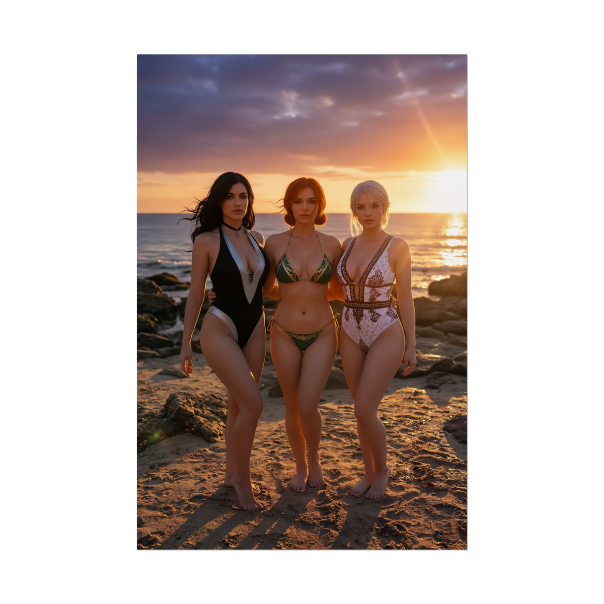 Ciri Yennefer Triss Poster, The Witcher Art Print  Iconic Fantasy Trio beach sunset cosplay art print of three heroines
