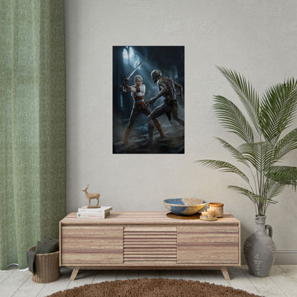 Ciri Poster, The Witcher Art Print, Iconic Warrior Character Wall Decor - dramatic Ciri duel poster for gaming room, RPG and fantasy interiors