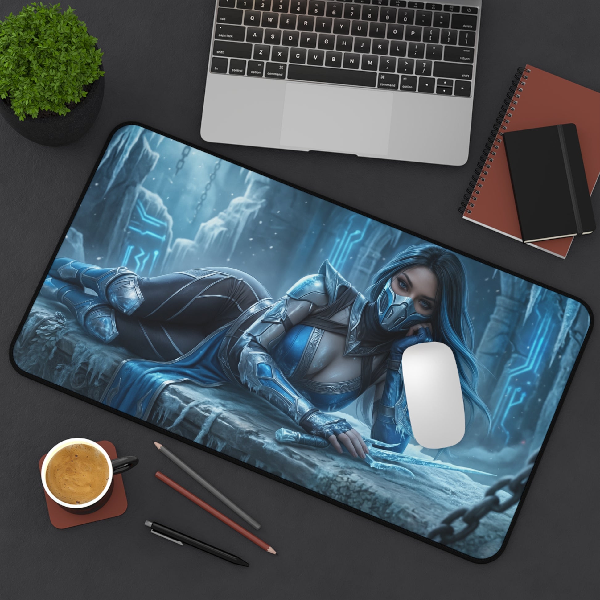 Frost Gaming Mouse Pad, Mortal Kombat Desk Mat, Ice Fighter Girl Setup — HD cryomancer artwork on large gaming desk mat
