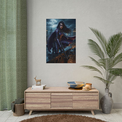 Huntress Poster, DC Comics Wall Art Print – Dark Hero Decor framed on living room wall over media console