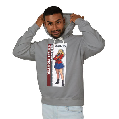 Karin Hoodie | Street Fighter Hoodie | Anime Elegant Fighter Pullover gray pullover with Karin anime illustration modeled by smiling man