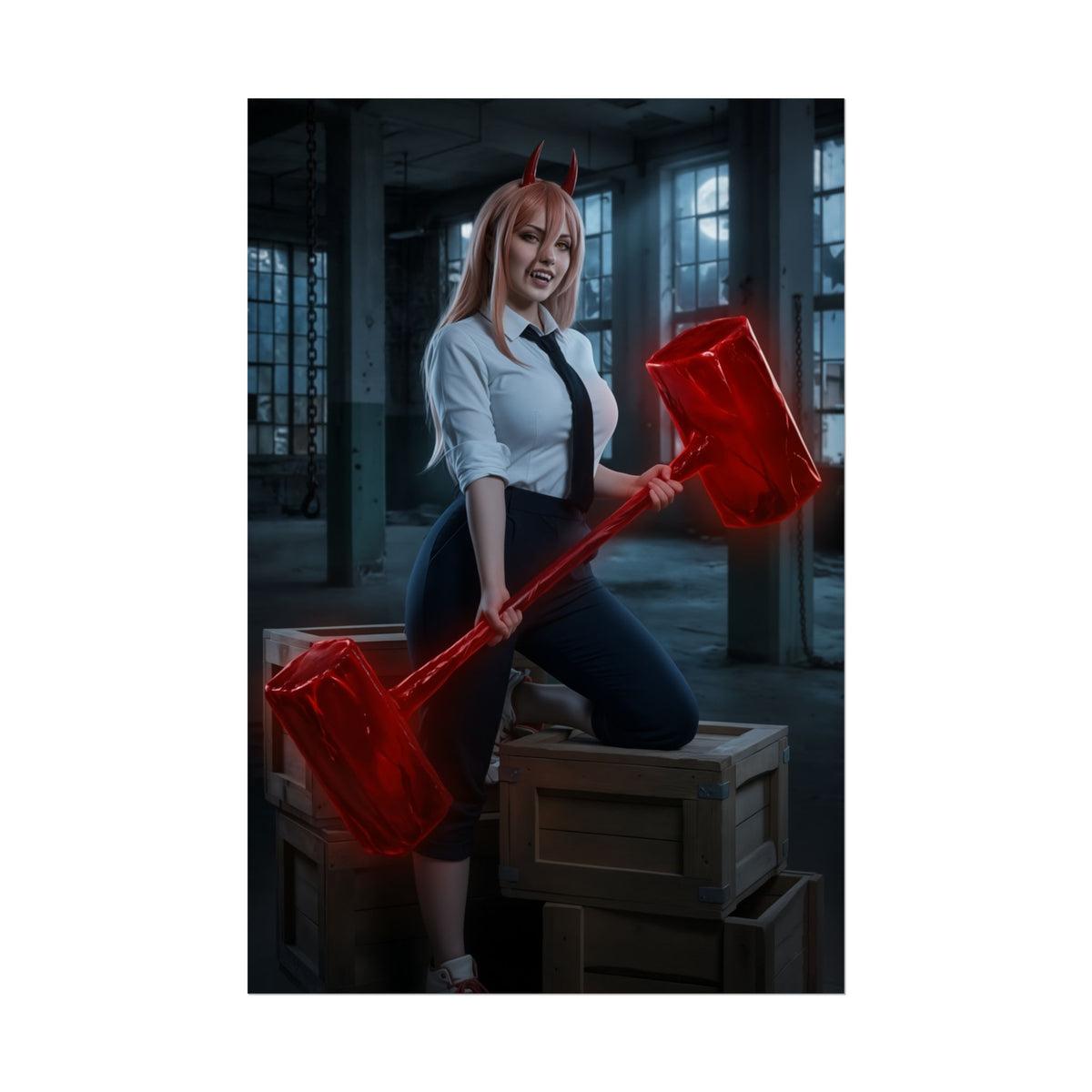 Power Poster, Chainsaw Man Art Print, Iconic Fiend Character Wall Decor - anime cosplay of Power holding red hammer in industrial setting