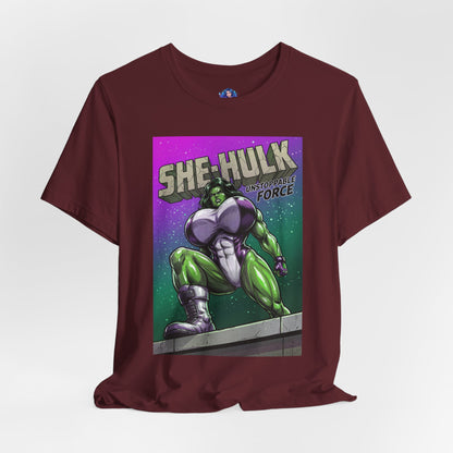 She-Hulk T-Shirt | Marvel Comic Heroine Anime Tee with green She-Hulk comic illustration on maroon Bella Canvas 3001 unisex tee
