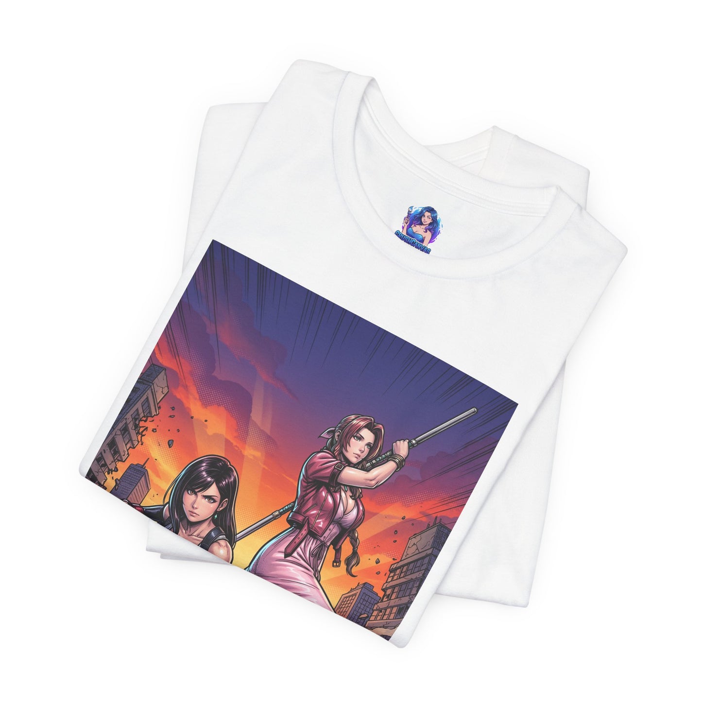 Tifa Lockhart and Aerith Gainsborough T-Shirt | Final Fantasy Duo Anime Tee - anime-style duo print on white Bella Canvas tee
