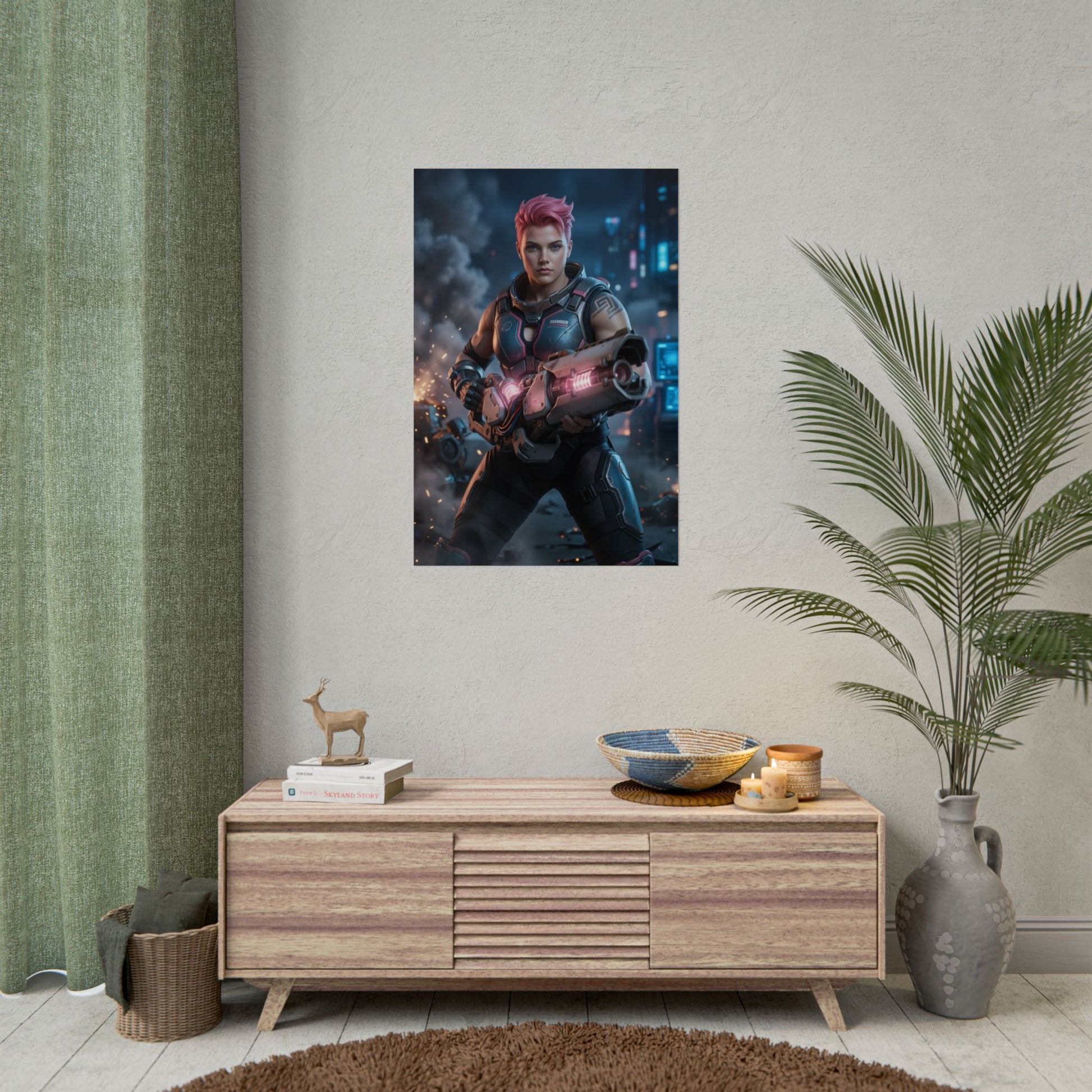 Zarya Poster Overwatch Wall Art Print Gaming Room Decor featuring powerful soldier with glowing weapon effects and dramatic lighting