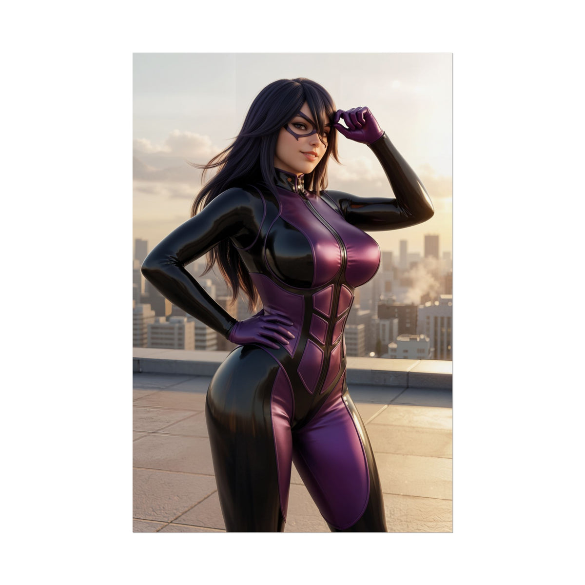 Midnight Poster, My Hero Academia Wall Art Print  Anime Decor featuring a dynamic heroine in purple-black suit on rooftop