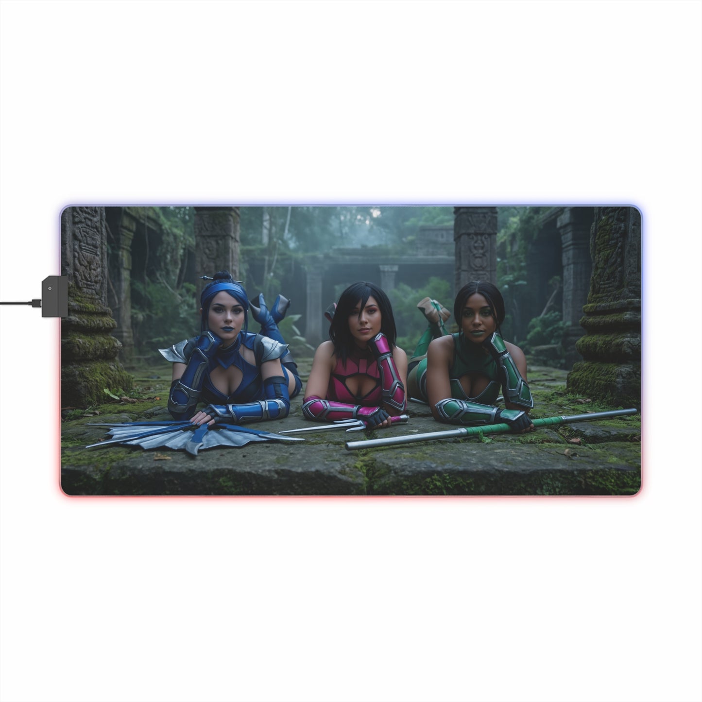 Kitana, Jade, Mileena Desk Mat – LED RGB Pad showing trio of Edenian warriors on RGB gaming desk mat