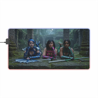 Kitana, Jade, Mileena Desk Mat – LED RGB Pad showing trio of Edenian warriors on RGB gaming desk mat