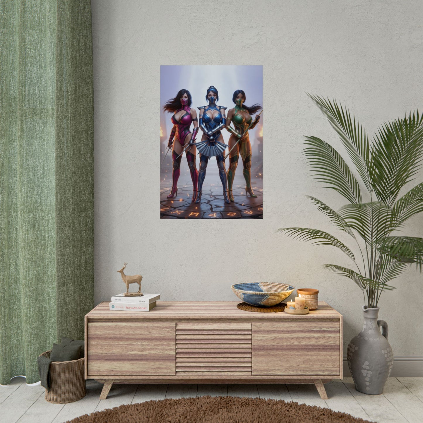 Kitana Mileena Jade Poster, Mortal Kombat Art Print – Fighter Wall Art showcasing trio character print in modern gamer room decor