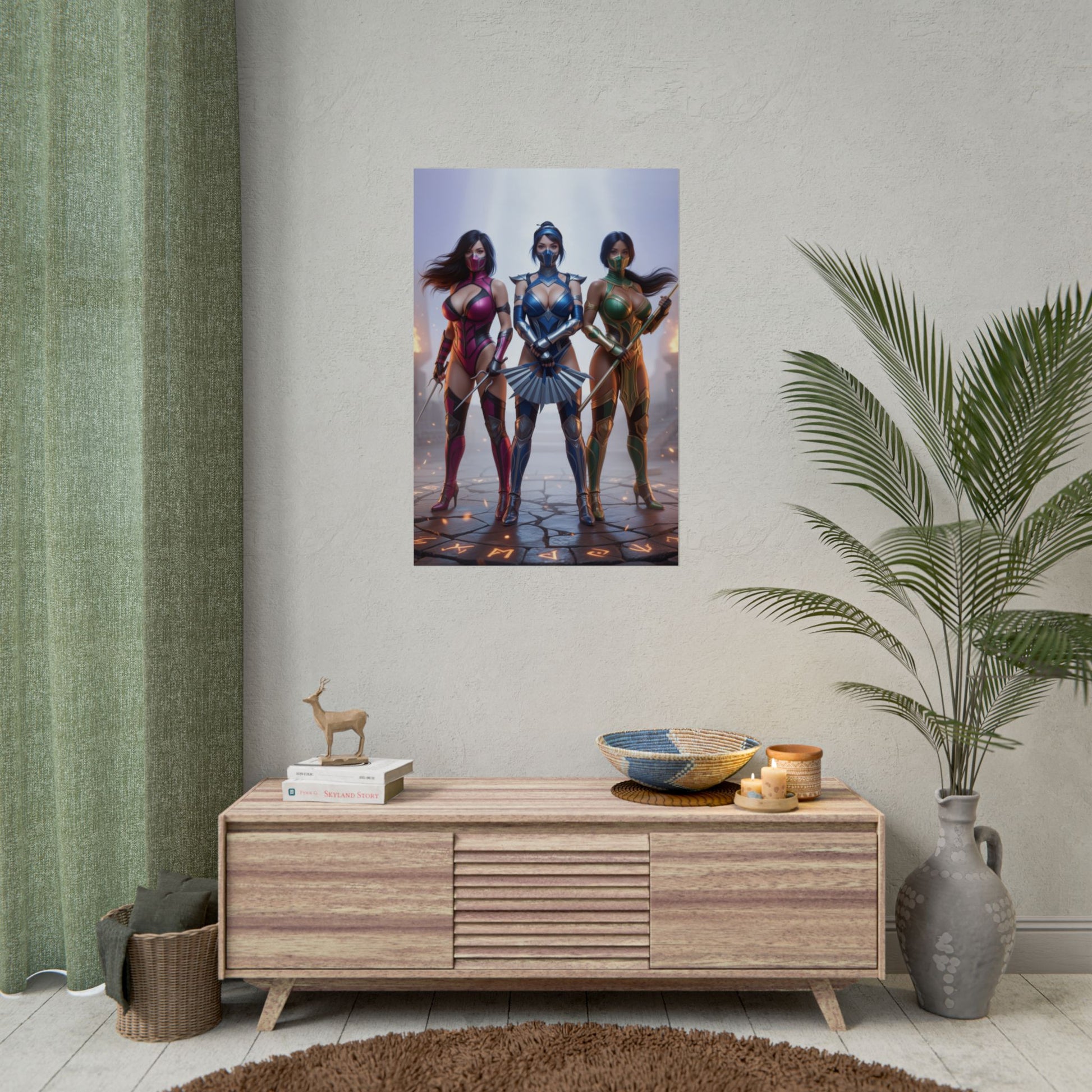 Kitana Mileena Jade Poster, Mortal Kombat Art Print – Fighter Wall Art showcasing trio character print in modern gamer room decor