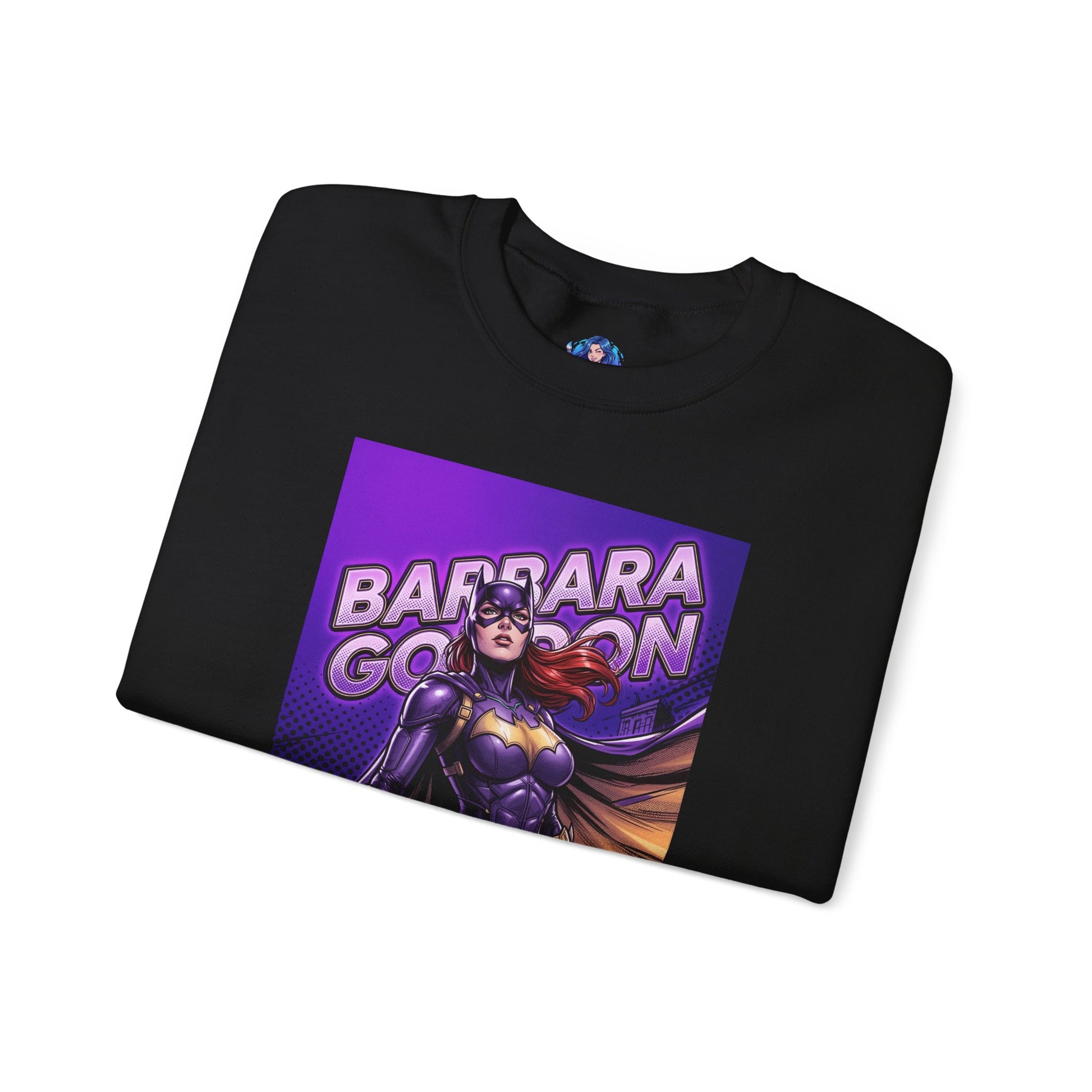 Batgirl Sweatshirt, DC Comics Crewneck, Gotham Hero Fan Apparel — folded black crewneck with bold purple-and-gold Batgirl comic illustration