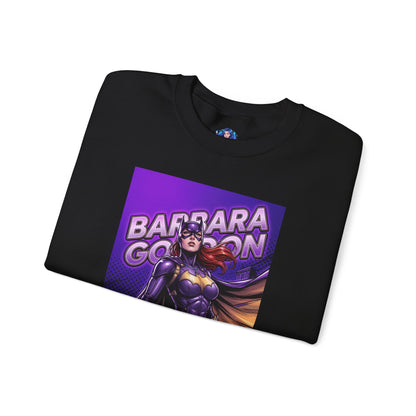 Batgirl Sweatshirt, DC Comics Crewneck, Gotham Hero Fan Apparel — folded black crewneck with bold purple-and-gold Batgirl comic illustration