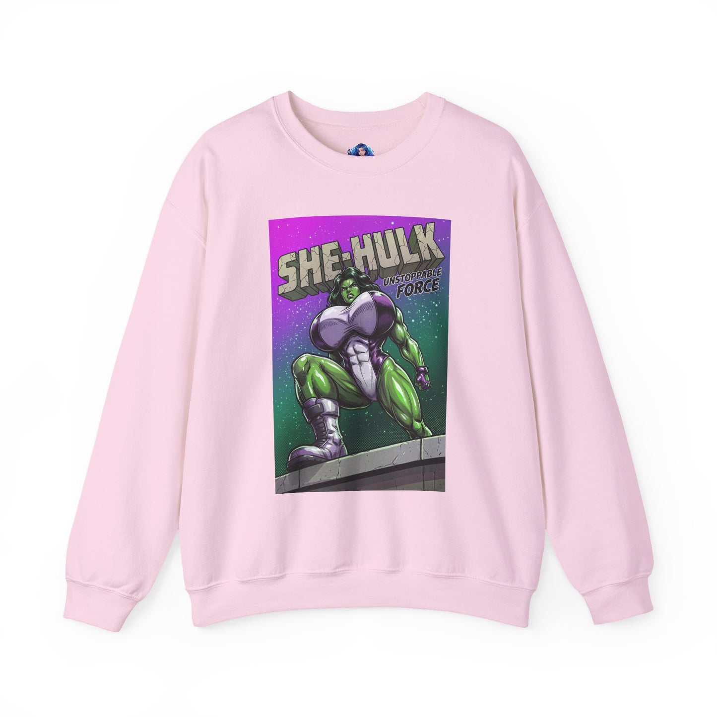 She-Hulk Sweatshirt, Comic Character Art, Premium Fan Apparel - pink crewneck with vivid green She-Hulk comic illustration and bold lettering