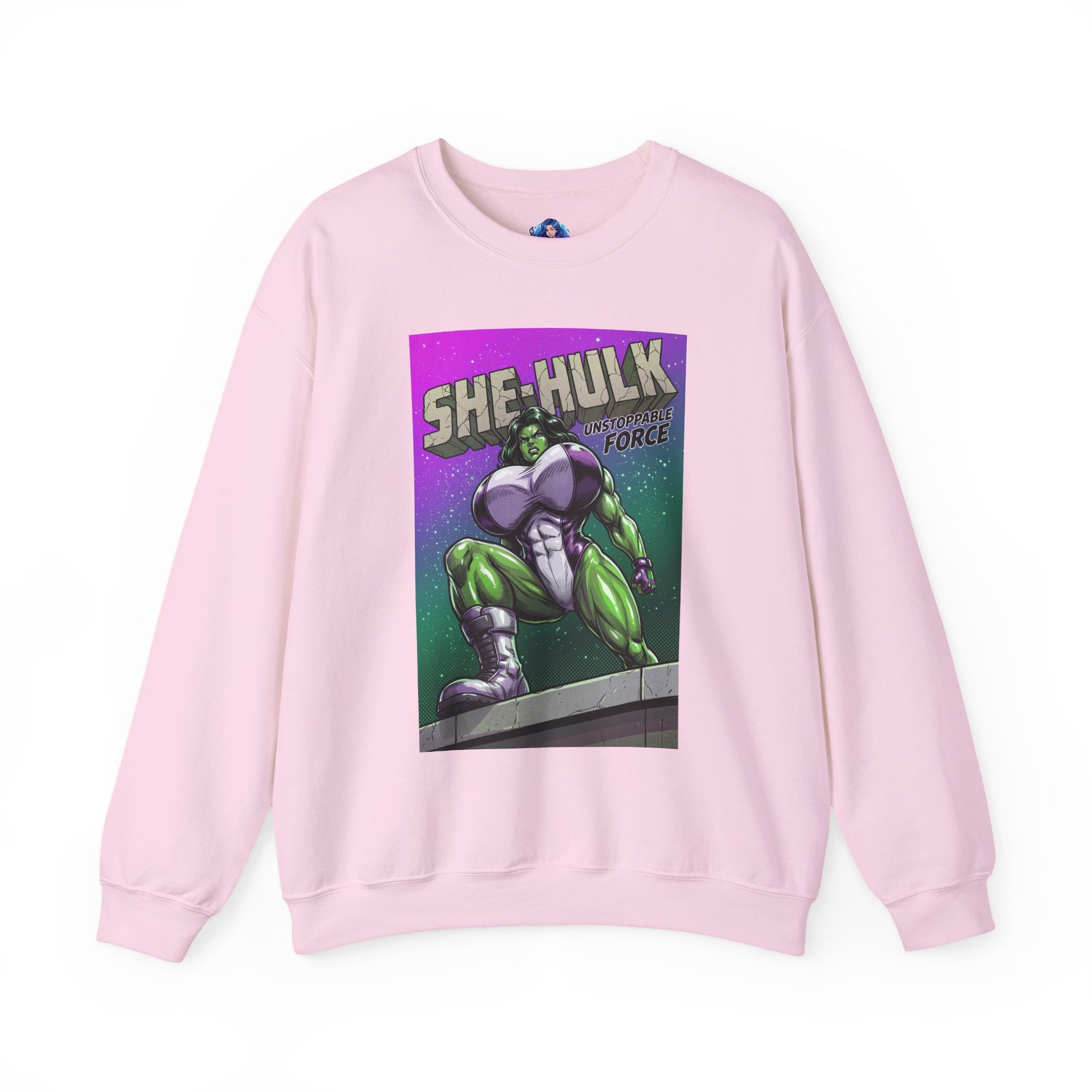 She-Hulk Sweatshirt, Comic Character Art, Premium Fan Apparel - pink crewneck with vivid green She-Hulk comic illustration and bold lettering