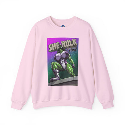 She-Hulk Sweatshirt, Comic Character Art, Premium Fan Apparel - pink crewneck with vivid green She-Hulk comic illustration and bold lettering