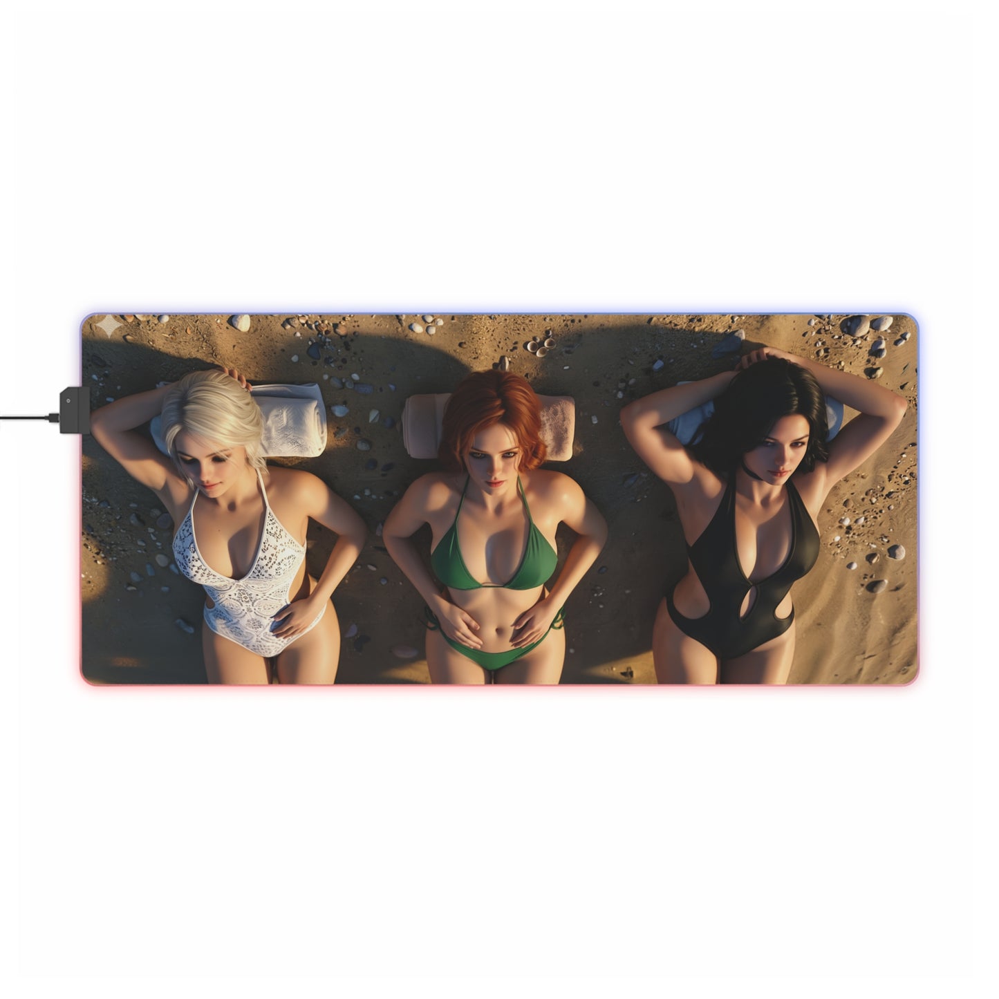 Ciri, Triss Merigold & Yennefer Desk Mat – LED RGB Pad featuring trio sorceresses on beach, smooth precision-cloth gaming mat with RGB edge lighting