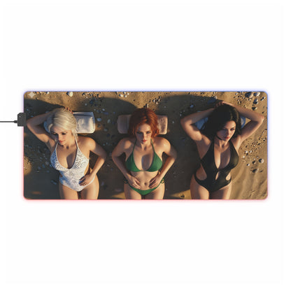 Ciri, Triss Merigold & Yennefer Desk Mat – LED RGB Pad featuring trio sorceresses on beach, smooth precision-cloth gaming mat with RGB edge lighting