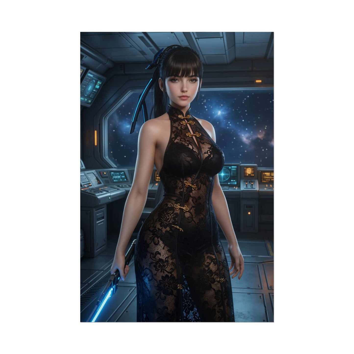 EVE Poster, Stellar Blade Print, Futuristic Combat Hero Art Wall Decor — disciplined armored heroine in sci‑fi bridge holding glowing blade
