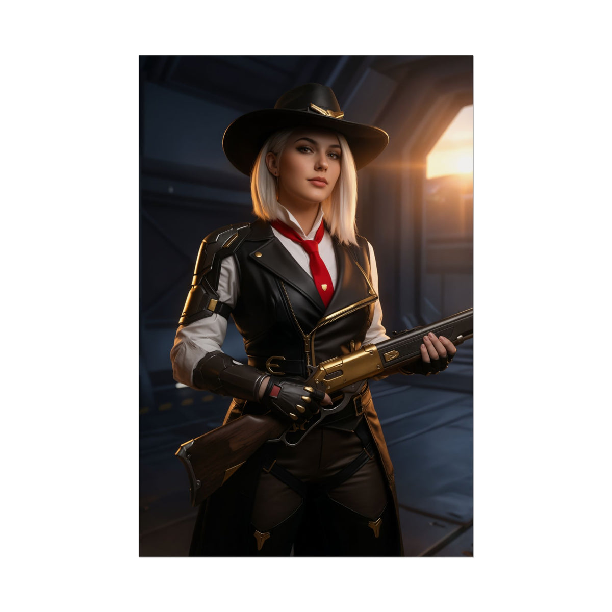Ashe Poster, Overwatch Art Print  Iconic DPS Heroine Wall Art featuring Ashe in western leather outfit holding rifle for gamer room decor
