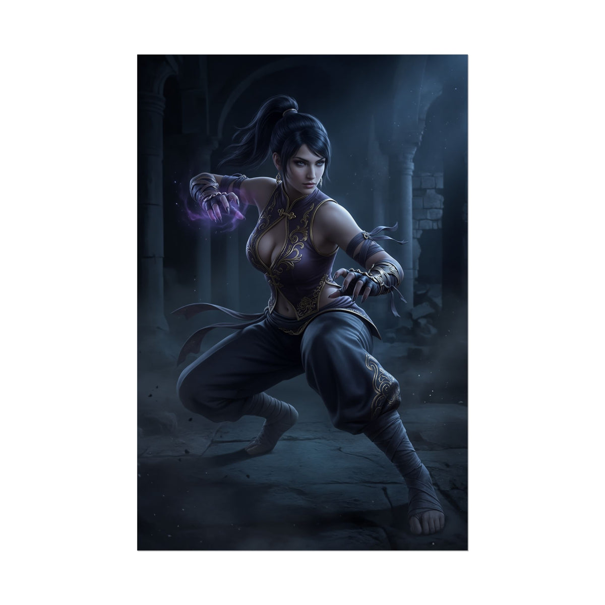 Zafina Poster, Tekken Art Print  Iconic Mystic Fighter Heroine Wall Art: dark atmospheric art print of Zafina in combat stance with mystical purple energy