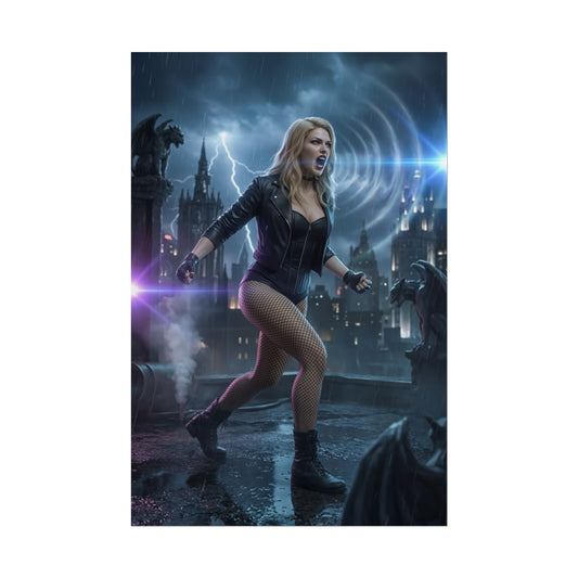Black Canary DC Poster – Iconic Superheroine Wall Art for Modern Decor showing Black Canary on rooftop using sonic scream, high-res comic-style print