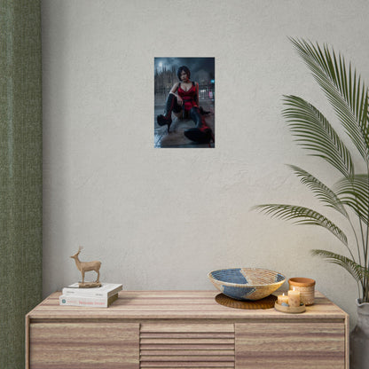Ada Wong Poster / Ada Wong Wall Art / Ada Wong Art Print / Resident Evil Poster - cinematic rain-soaked Ada Wong seated with weapons