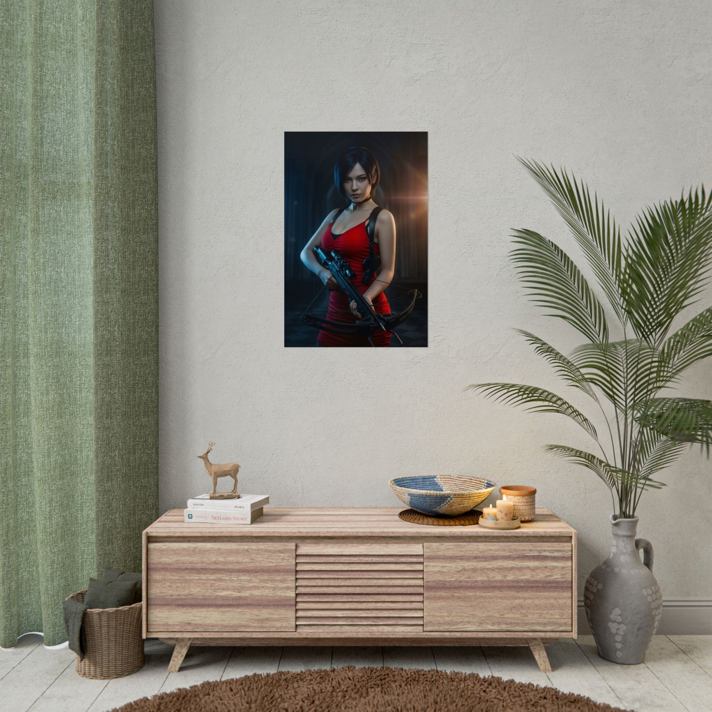 Ada Wong Poster, Resident Evil Art Print – Classic Action Game Wall Art framed on modern living room wall above console, gaming decor