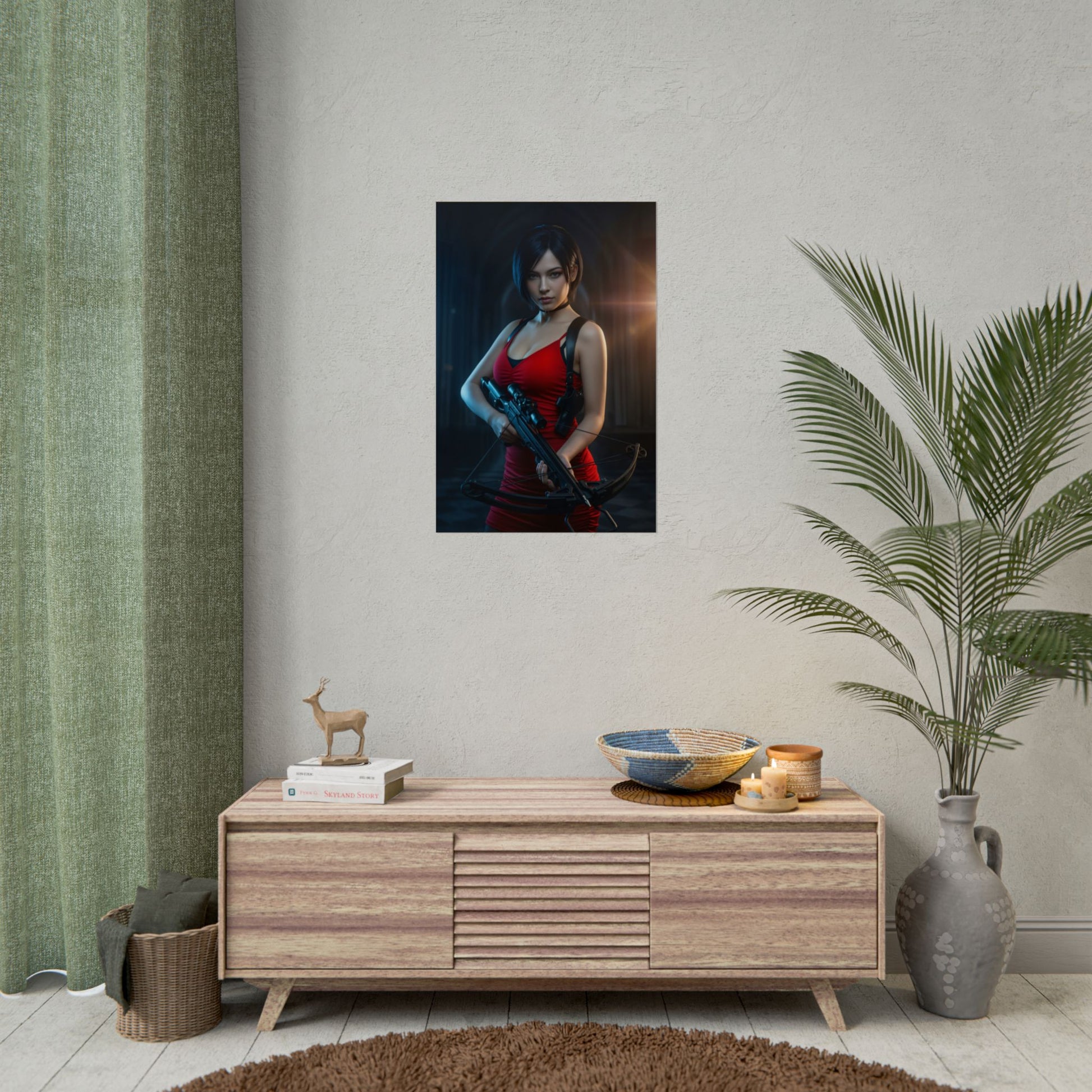 Ada Wong Poster, Resident Evil Art Print – Classic Action Game Wall Art framed on modern living room wall above console, gaming decor