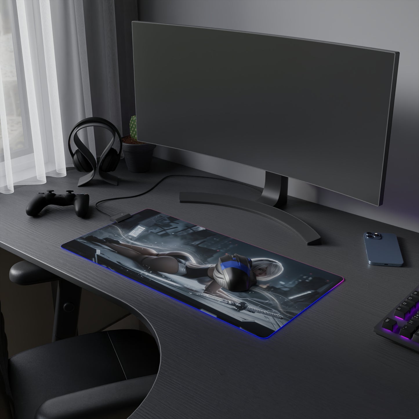 2B RGB Mouse Pad – Nier Automata LED Desk Mat, Sci-Fi Gamer Setup