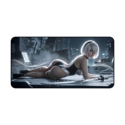 2B Mouse Pad – Sci-Fi Action Gaming Mouse Pad, Stylish Gamer Desk Decor featuring reclining 2B character art on a futuristic gaming desk