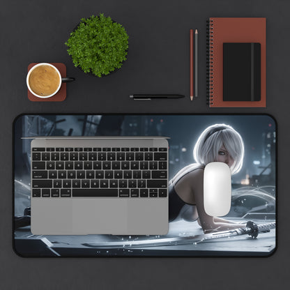 2B Mouse Pad – Sci-Fi Action Gaming Mouse Pad, Stylish Gamer Desk Decor on desk with laptop, mouse, and futuristic 2B character artwork