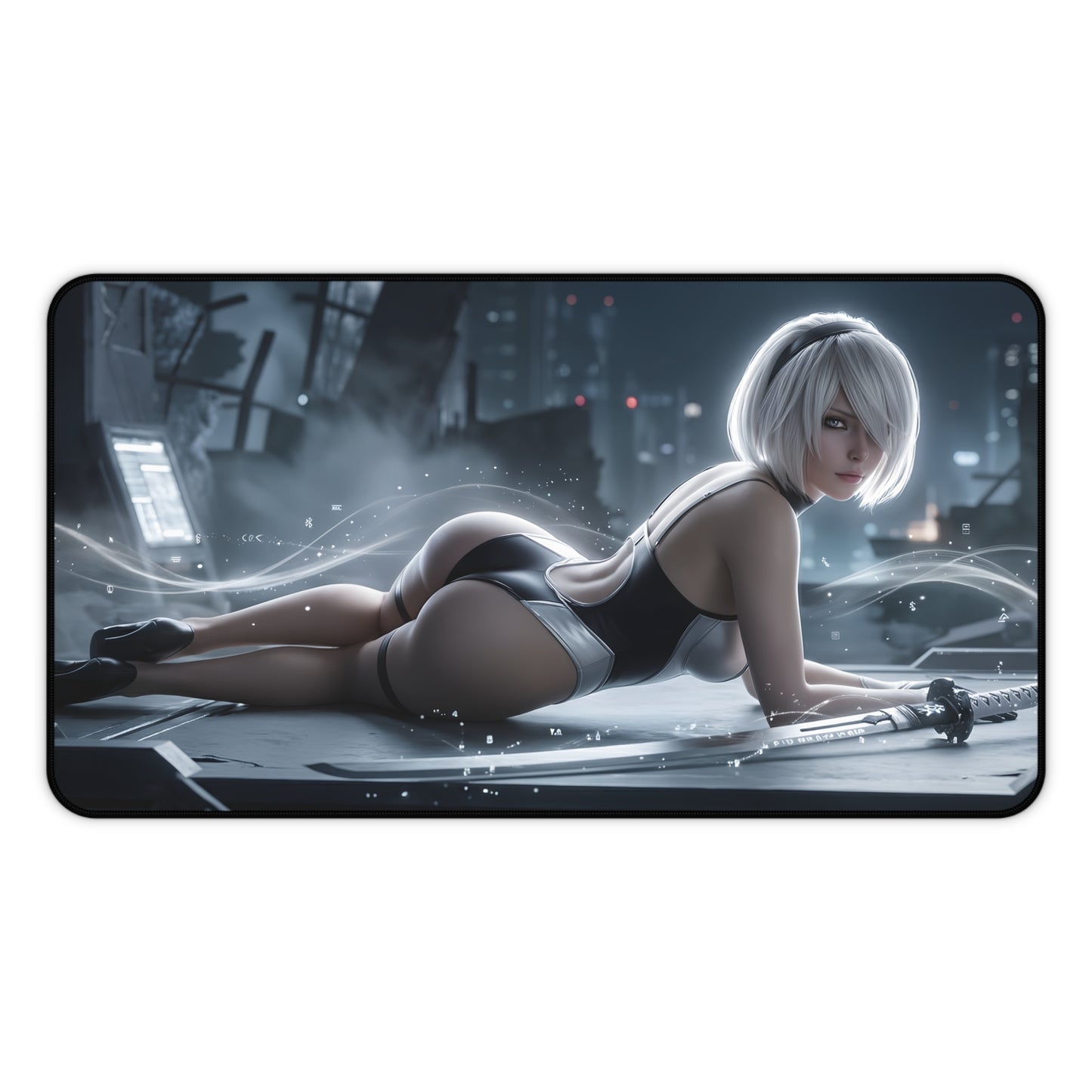 2B Mouse Pad – Sci-Fi Action Gaming Mouse Pad, Stylish Gamer Desk Decor featuring reclining 2B character art on a futuristic gaming desk