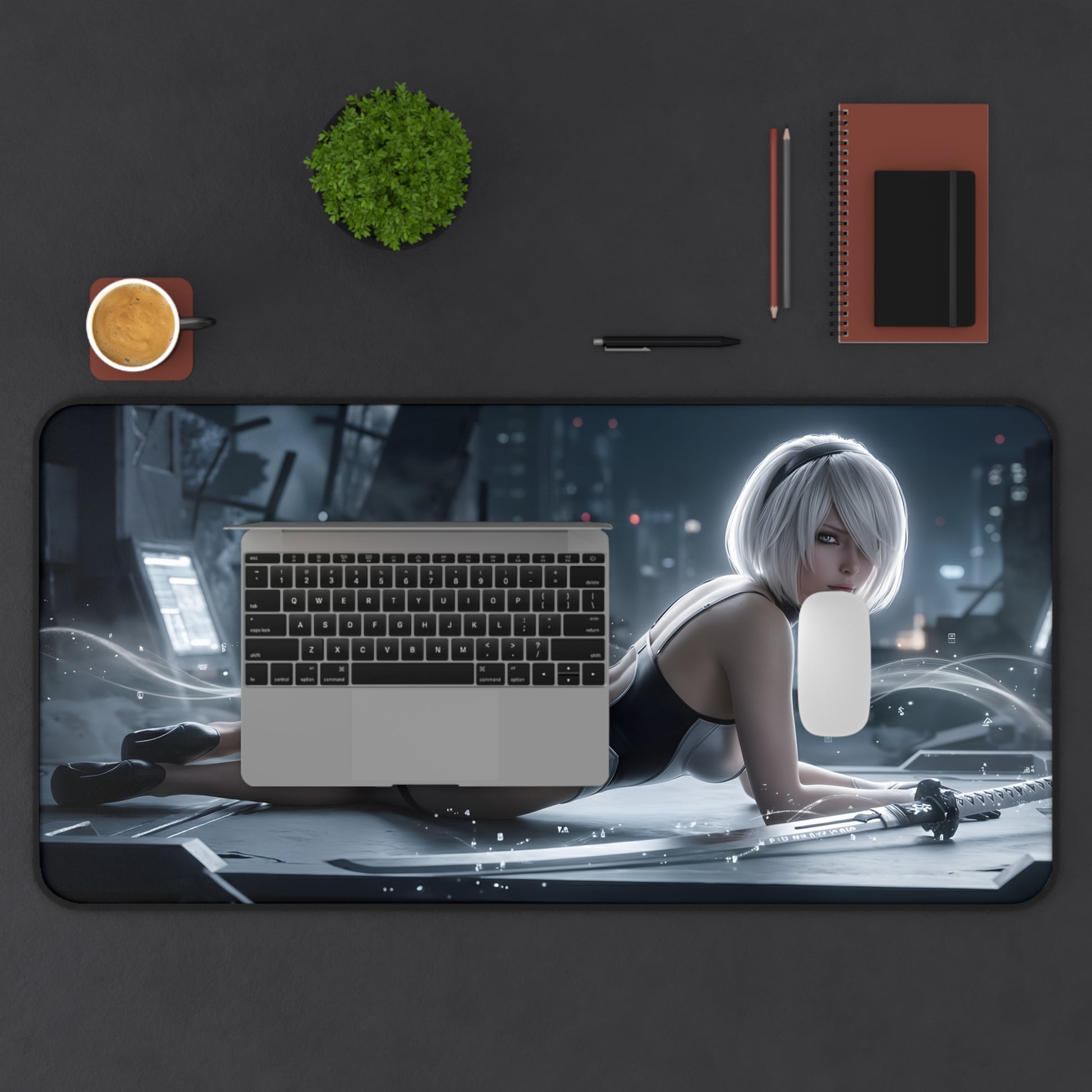 2B Mouse Pad – Sci-Fi Action Gaming Mouse Pad, Stylish Gamer Desk Decor featuring 2B character on large desk mat with laptop and mouse