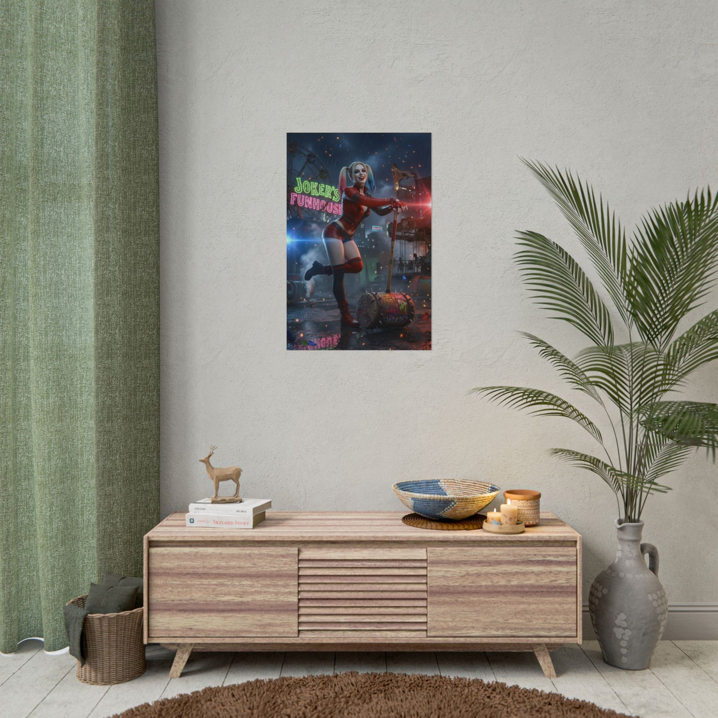 Harley Quinn Poster, DC Art Print – Iconic Comic Anti-Heroine Wall Art hung above modern console in stylish room