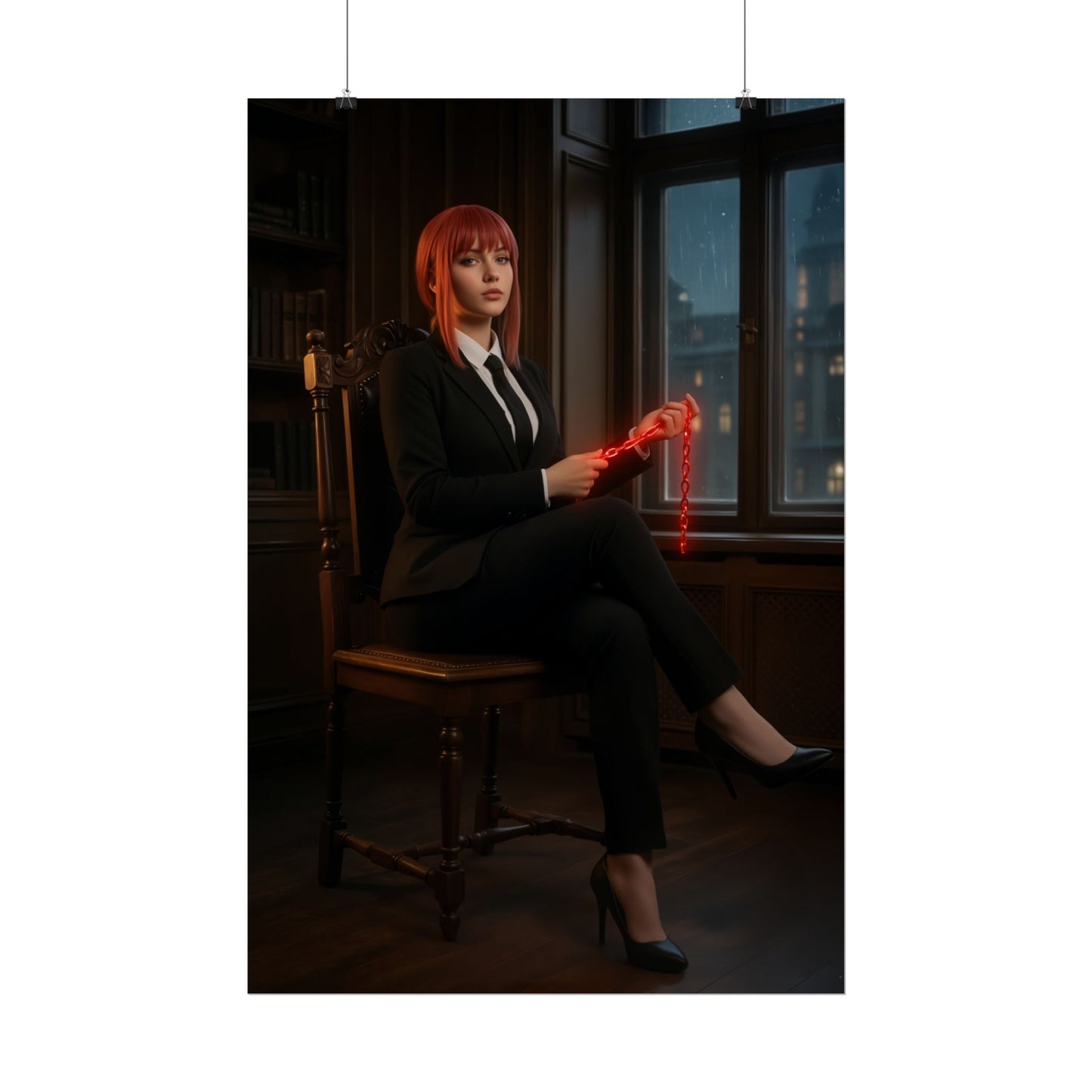 Makima Poster, Chainsaw Man Print, Iconic Anime Character Art – Makima seated in suit holding glowing red leash in moody study interior