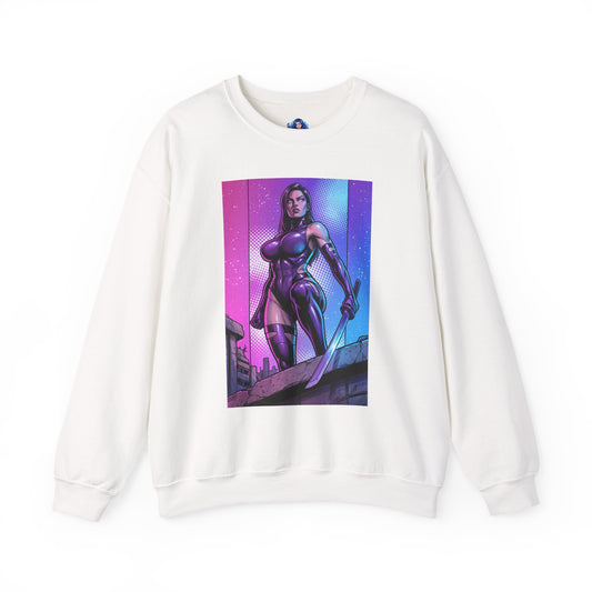 Psylocke Sweatshirt, Comic Character Art, Premium Fan Apparel - white crewneck featuring Psylocke in violet tones, powerful stance and katana