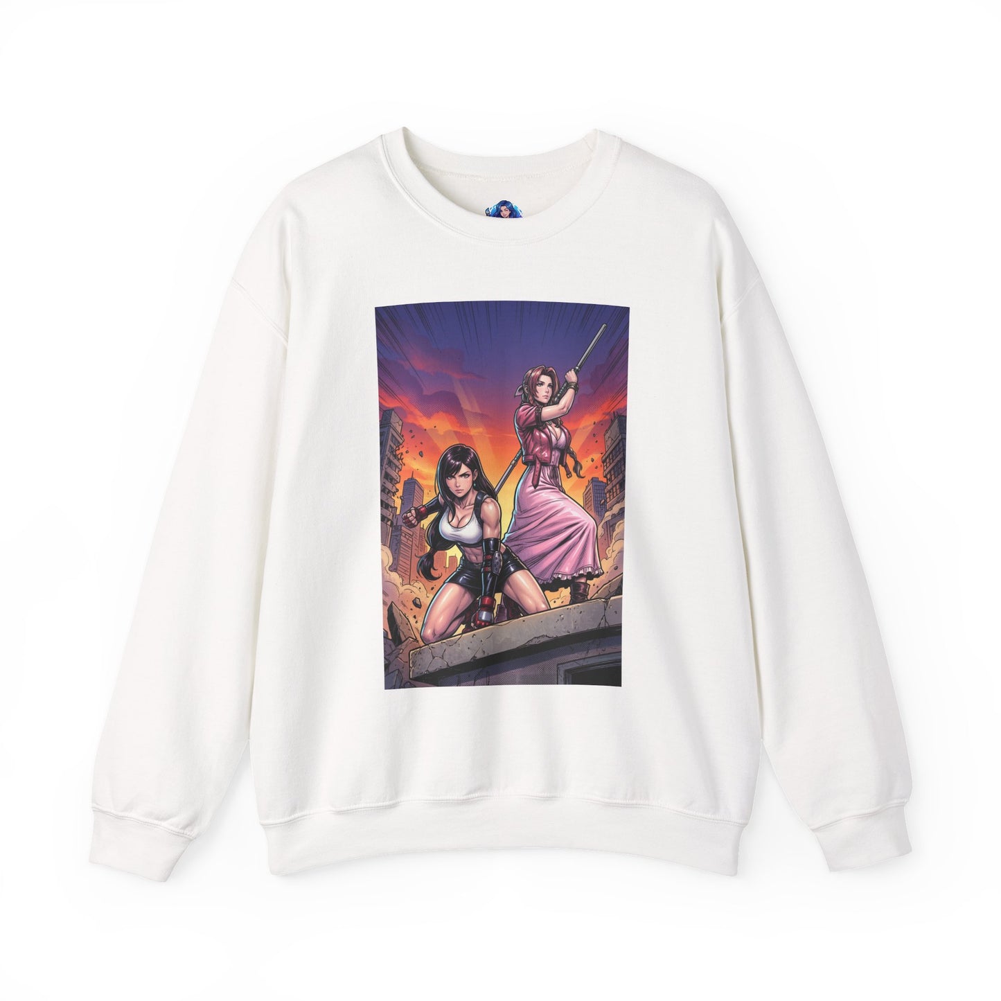 Tifa Lockhart & Aerith Gainsborough Sweatshirt, Game Character Art, Premium Fan Apparel – white crewneck showing cinematic battle-ready illustration of both heroines