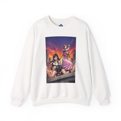 Tifa Lockhart & Aerith Gainsborough Sweatshirt, Game Character Art, Premium Fan Apparel – white crewneck showing cinematic battle-ready illustration of both heroines
