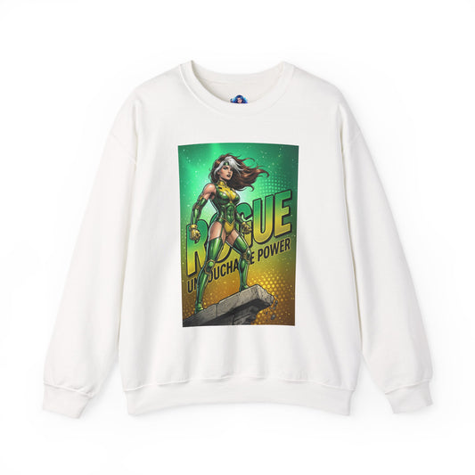 Rogue Sweatshirt, Marvel Crewneck, Unstoppable Power Superhero Apparel - white crewneck featuring bold Rogue graphic in green and yellow